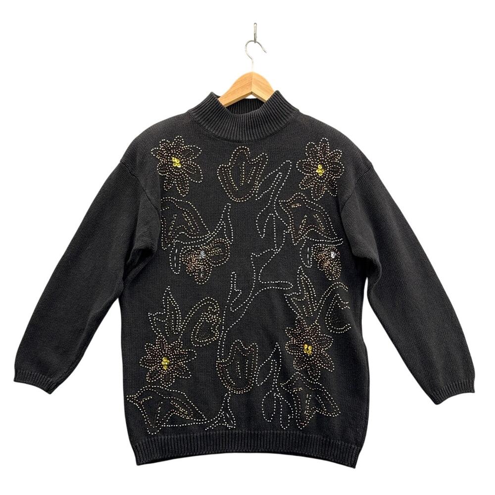 Cezanne Vintage Black Long Sleeve Mock Neck Floral Beaded Sweater Women Large